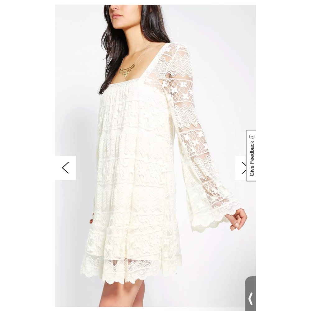 Victorian Fairy Cream Lace Bell Sleeve Mini Dress Dainty Boho Medium
